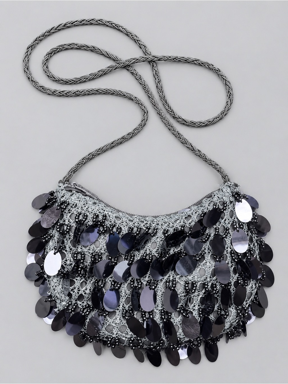 Y2K Silver Crochet Black Sequin Beaded Shoulder Bag Purse